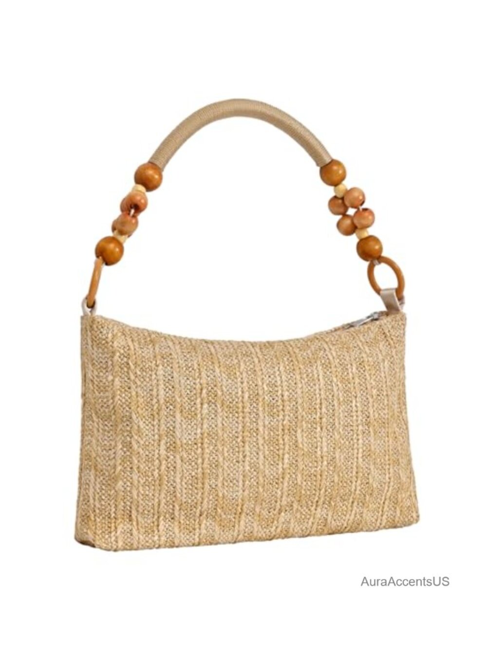 Woven Straw Shoulder Bag Wooden Beaded Handle Summer Handbag Tote